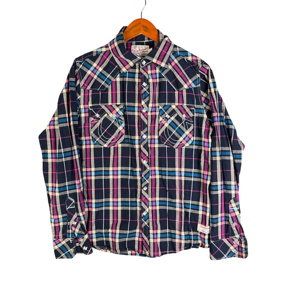 True Religion Rocky Western Long Sleeve Square Pearl Snap Shirt Mens Medium EUC